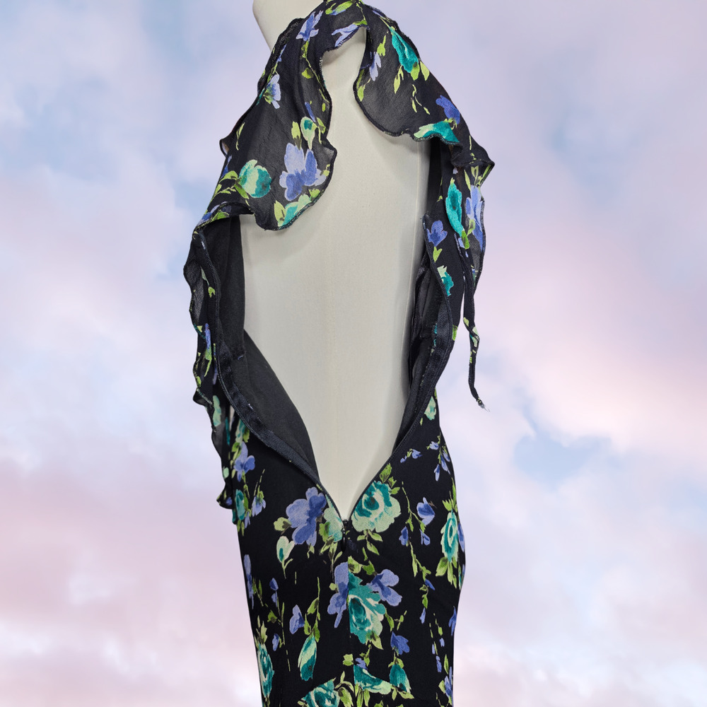 Vtg 90s Floral Ruffle Black Blue Green Formal Cocktail Rayon Asymmetric Dress S - Picture 5 of 9
